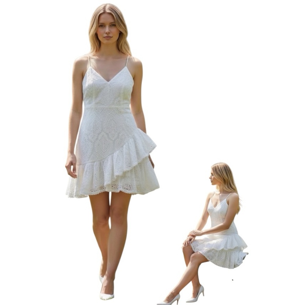 Express White Eyelet Embroidered Ruffle Dress Spaghetti Strap Medium